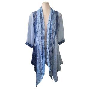 Feratelli Lace Boho Sheer Sweater Flowy Cardigan Wrap Embroidered Blue SMALL